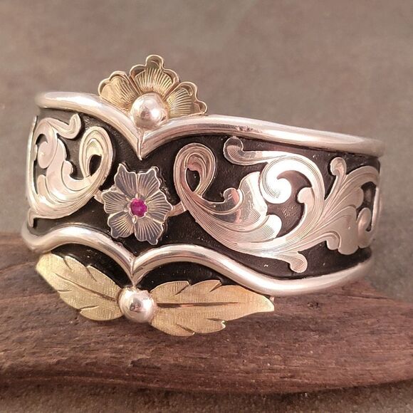 Lopez Bros. Silversmith Handcrafted Engraved Sterling 14k Flourish Cuff Bracelet - Picture 4 of 13